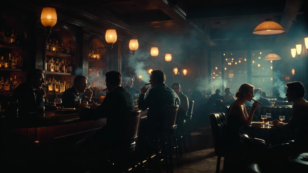 Dark cigar lounge library with warm lamps, bar shelves, smoke, and evening conversation