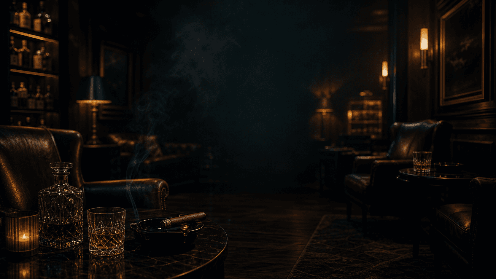 Dark private cigar lounge with leather seating, whiskey, cigar smoke, and amber wall sconces