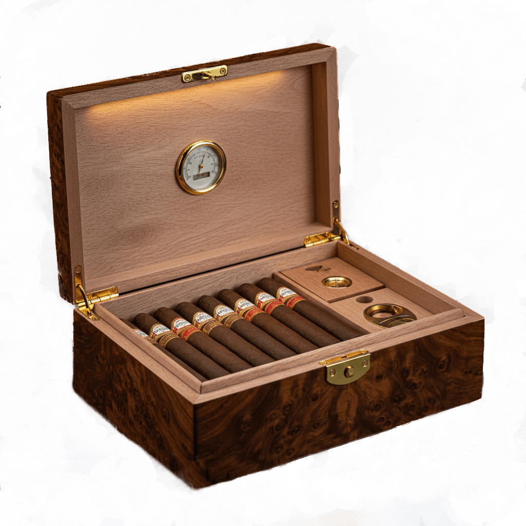 Dark walnut humidor room with cedar texture and tobacco haze