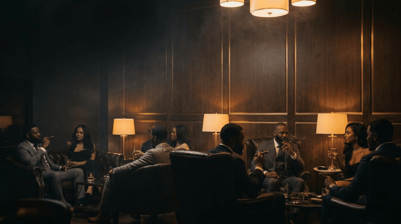 Private cigar lounge with leather chairs, warm lamps, smoke, and conversation