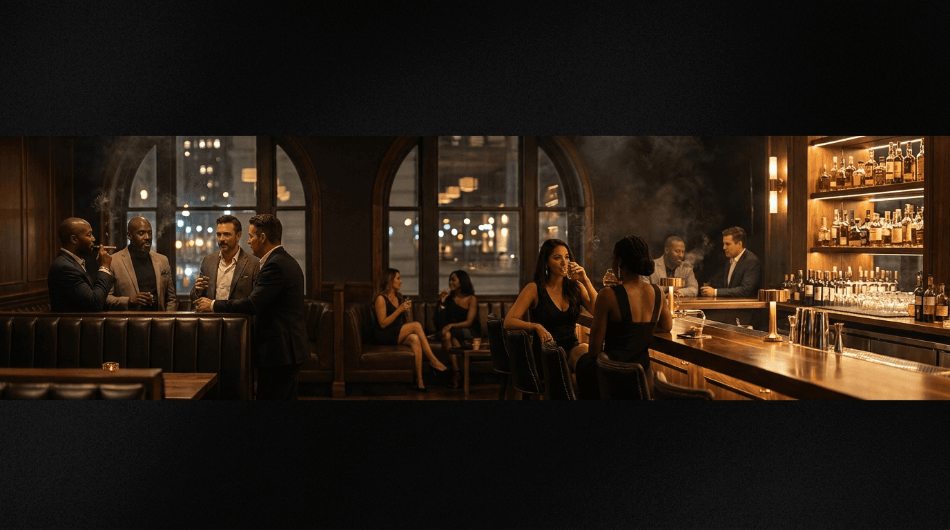 Cinematic cigar and spirits lounge with warm bar shelves, leather seating, and evening conversation