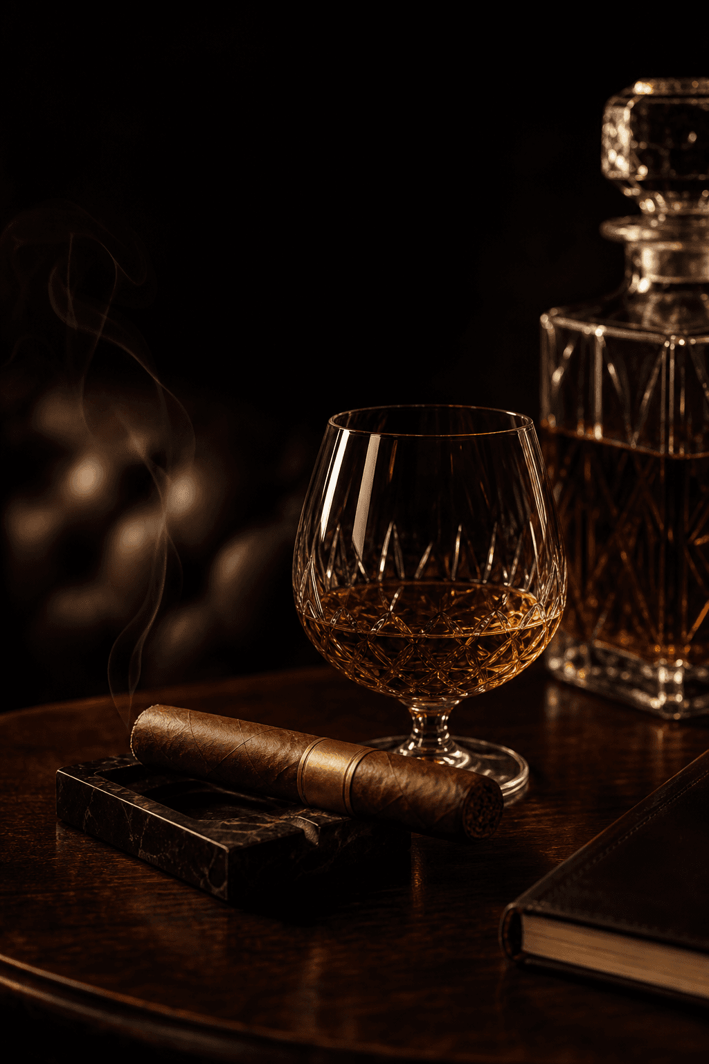 Atmospheric whiskey and cigar pairing scene in warm lounge light